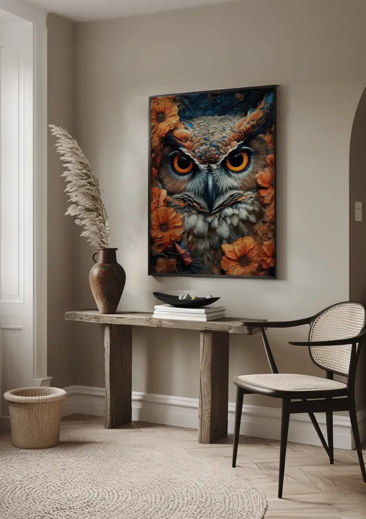 Uil Oranje Ogen Bloemen Portret Kleurrijk Detailrijk Schilderij