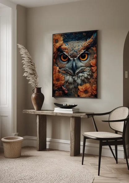 Uil Oranje Ogen Bloemen Portret Kleurrijk Detailrijk Schilderij