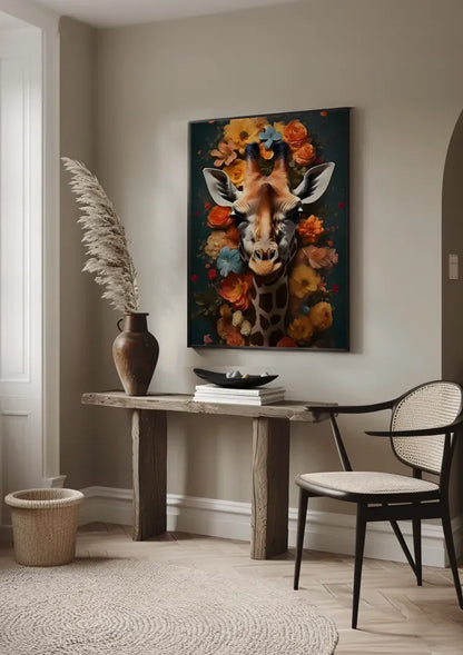 Giraf Hoofd Kleurrijke Bloemen Donkerblauw Schilderij