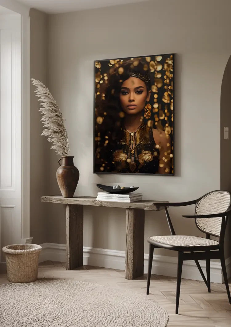 Golden Glamour Woman Golden Jewelry Bokeh Portrait Painting
