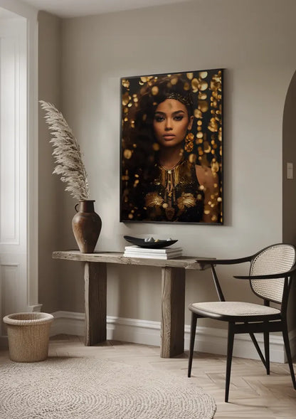 Golden Glamour Woman Golden Jewelry Bokeh Portrait Painting