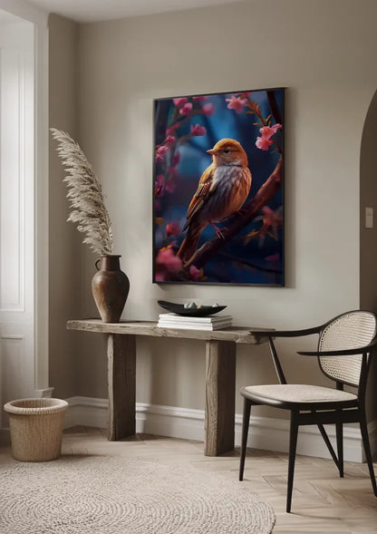 Klein Vogeltje Roze Bloesem Tak Blauw Schilderij