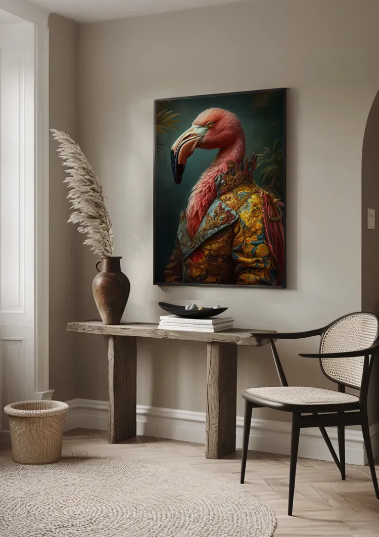 Majestätische Flamingo Goldbestickte Jacke Dunkelgrünes Porträtgemälde