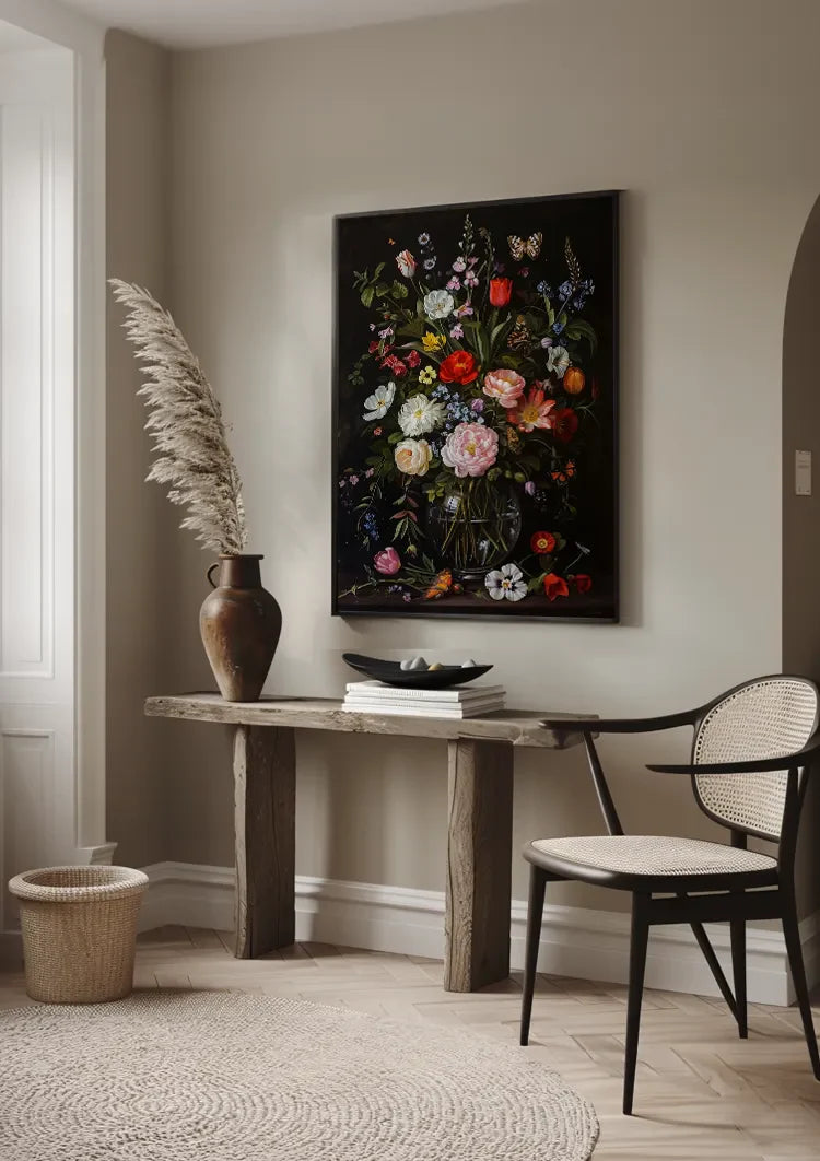 Üppiges Blumenstillleben Glasvase Dunkler Hintergrund Gemälde