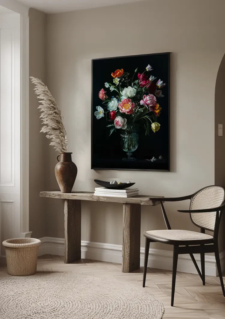 Lush Flower Bouquet White Pink Red Glass Vase Dark Painting