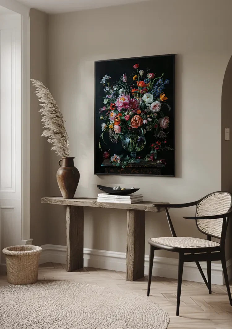 Bunte Blumenexplosion Pfingstrosen Tulpen Glasvase Dunkles Gemälde
