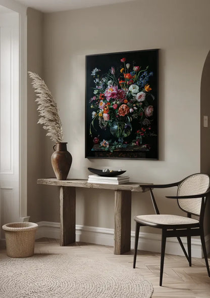 Bunte Blumenexplosion Pfingstrosen Tulpen Glasvase Dunkles Gemälde