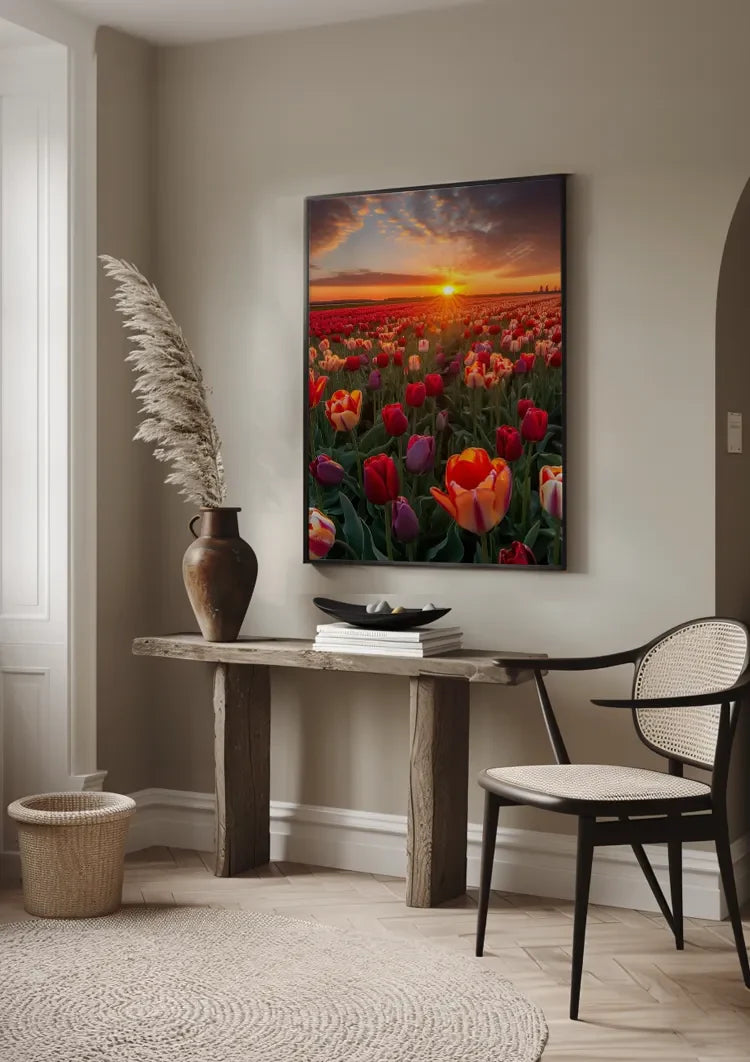 Farbenfrohes Tulpenfeld bei Sonnenuntergang Rote Orange Violette Blumen Gemälde