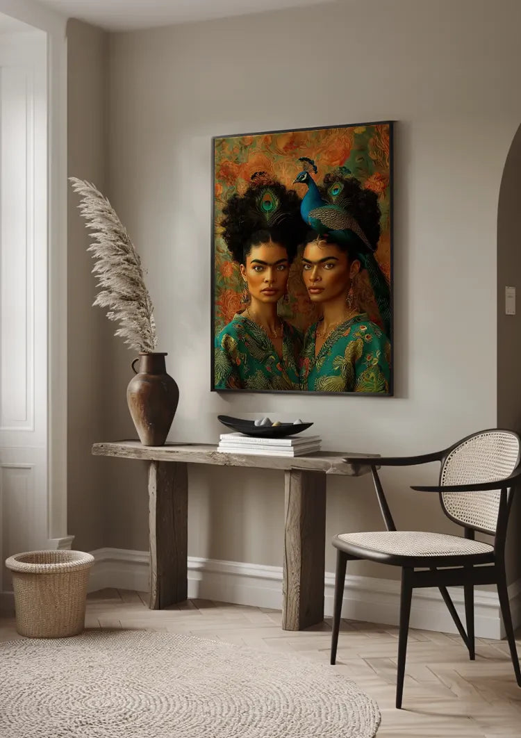 Two Elegant Women with Peacock Exotic Portrait Painting