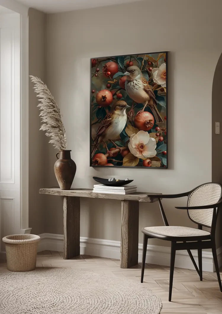 Twee Vogels Met Granaatappels Bloemen Botanisch Schilderij