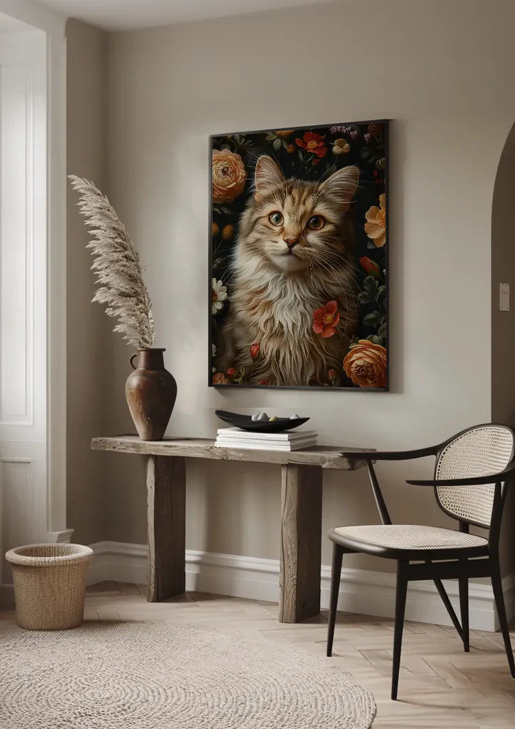 Flauschige Katze zwischen farbenfrohen Rosen Blumenreiches Porträt Gemälde