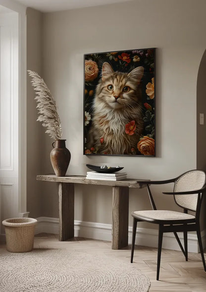 Flauschige Katze zwischen farbenfrohen Rosen Blumenreiches Porträt Gemälde