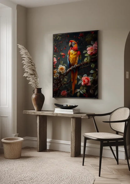 Buntes Papagei Tropische Blumen Dunkler Hintergrund Gemälde
