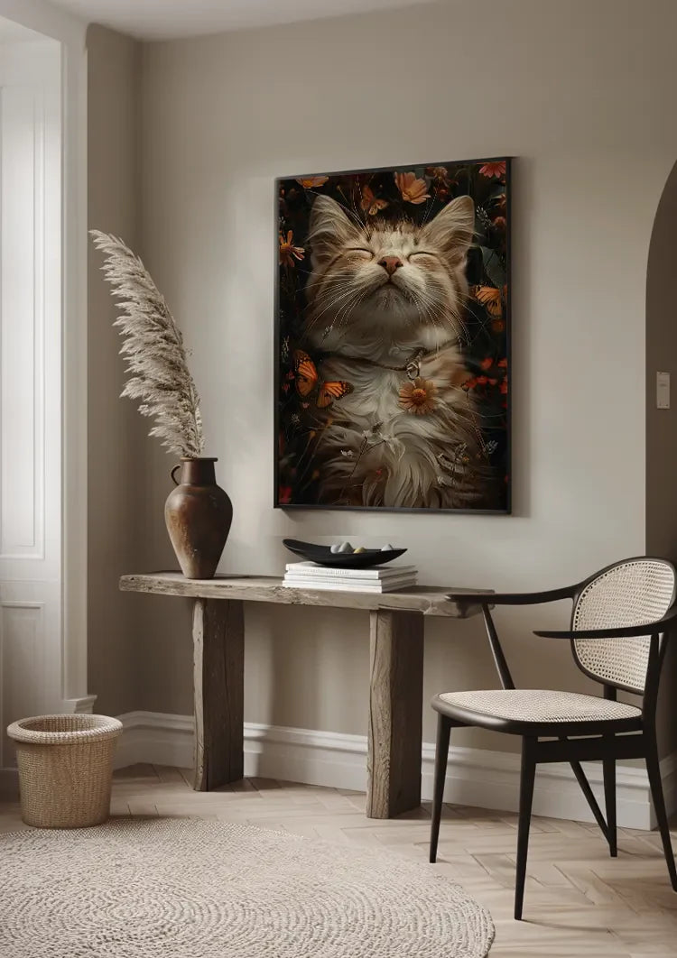 Sleeping Fluffy Cat Surrounded By Flowers Butterflies Painting