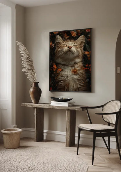 Sleeping Fluffy Cat Surrounded By Flowers Butterflies Painting