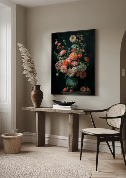 Klassisches Blumenstillleben Rosa Rosen Dunkler Hintergrund Gemälde