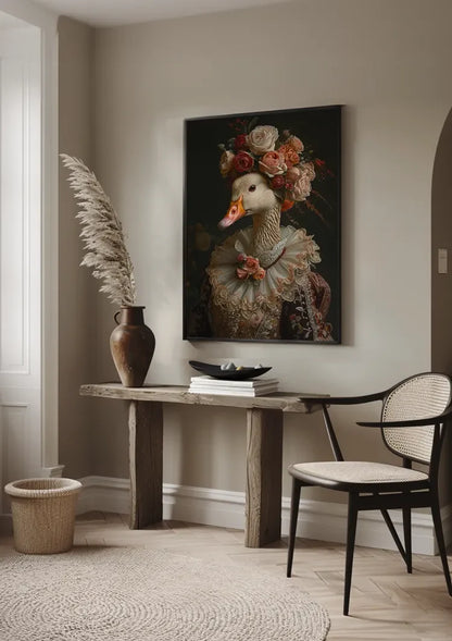 Elegante Gans In Barok Kostuum Bloemen Krans Kanten Kraag Portret Schilderij