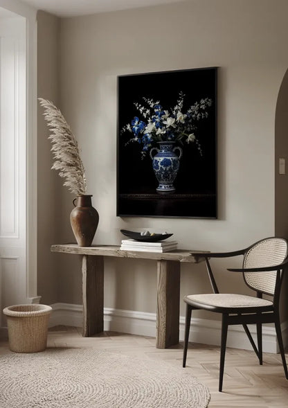 Delfts Blauwe Vaas Met Witte Bloemen Donker Stilleven Schilderij