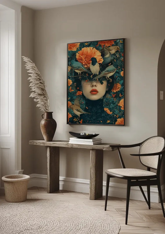 Vrouwenportret Met Oranje Bloemen En Vogels Surrealistisch Canvas Schilderij