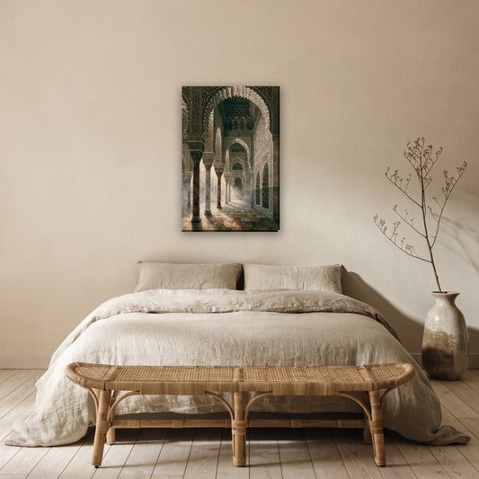 Andalusische bogen canvas schilderij aan de muur boven het bed in de slaapkamer