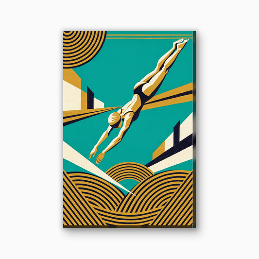 Art deco zwemster canvas schilderij in teal en goud