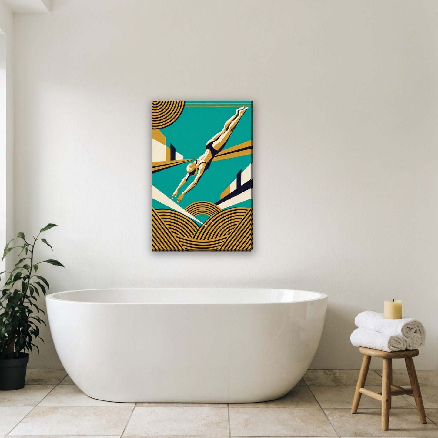 Art deco zwemster canvas schilderij aan de muur in de badkamer boven het bad