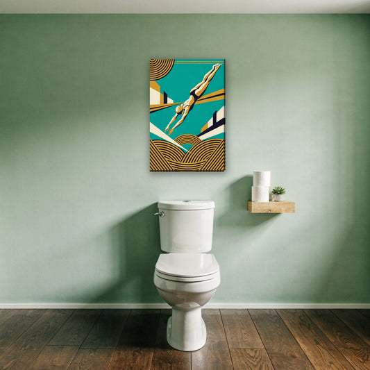 Art deco zwemster canvas schilderij aan de muur boven het toilet