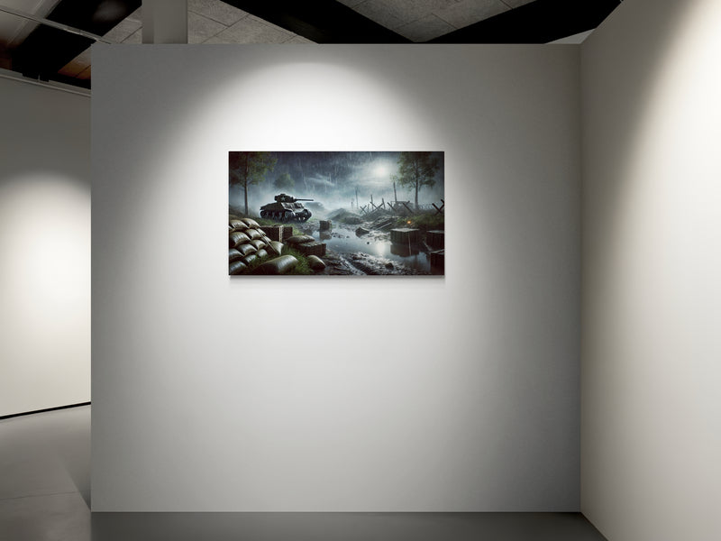 Tank uit de Tweede Wereldoorlog in een regenachtig slagveldlandschap – Canvas wandkunst
