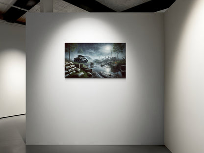 Tank uit de Tweede Wereldoorlog in een regenachtig slagveldlandschap – Canvas wandkunst