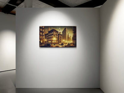 Vintage stadsstraatbeeld met klassieke auto's en nachtlampjes - Canvas wandkunst
