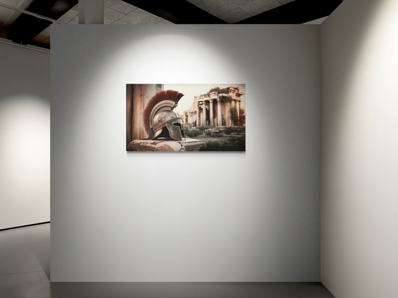 Romeinse helm met oude ruïnes in zacht zonsonderganglicht - Canvas wanddecoratie