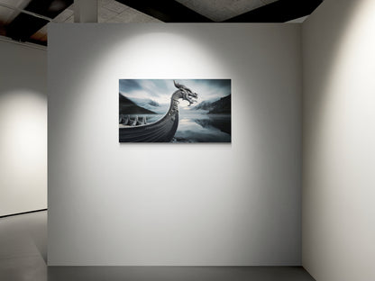 Drakenkop Vikingschip op kalme fjord – Canvas wandkunst