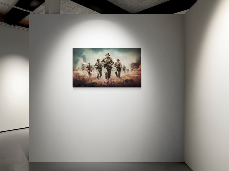 Infanterieaanval in open veld tijdens WO II – Canvas wanddecoratie