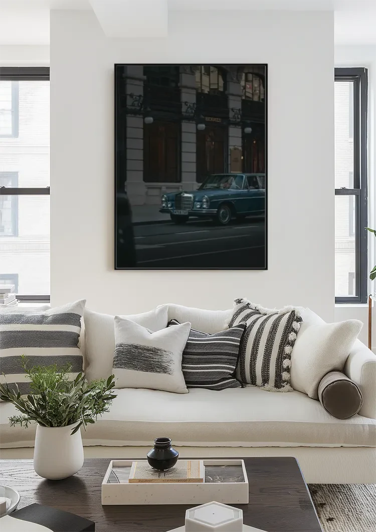Vintage Blue Mercedes City Street Twilight Nostalgic Retro Car Painting