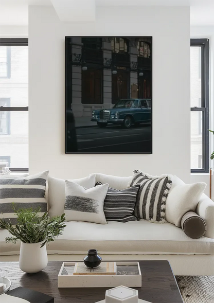 Vintage Blue Mercedes City Street Twilight Nostalgic Retro Car Painting