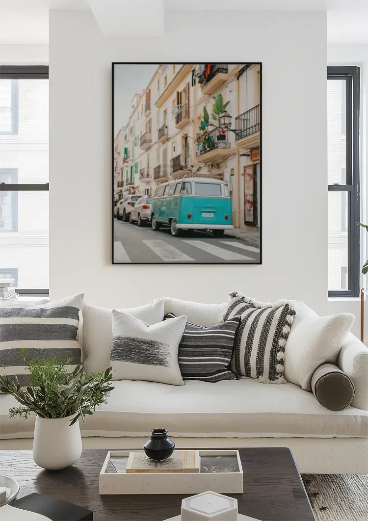 Vintage Turquoise Volkswagen Bus Mediterraans Straatbeeld Retro Schilderij