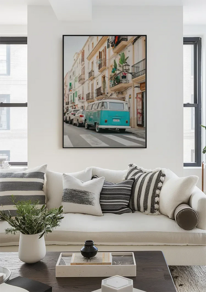 Vintage Turquoise Volkswagen Bus Mediterraans Straatbeeld Retro Schilderij