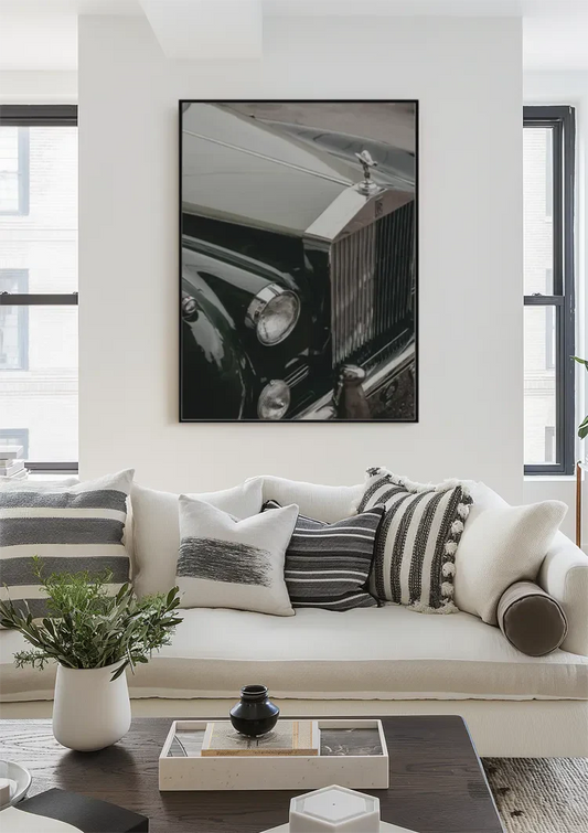 Classic bonnet with ornament canvas painting above the bed in the bedroom