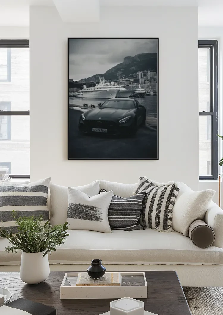 Schwarzer Mercedes AMG GTR Monaco Hafen Jachten Gemälde
