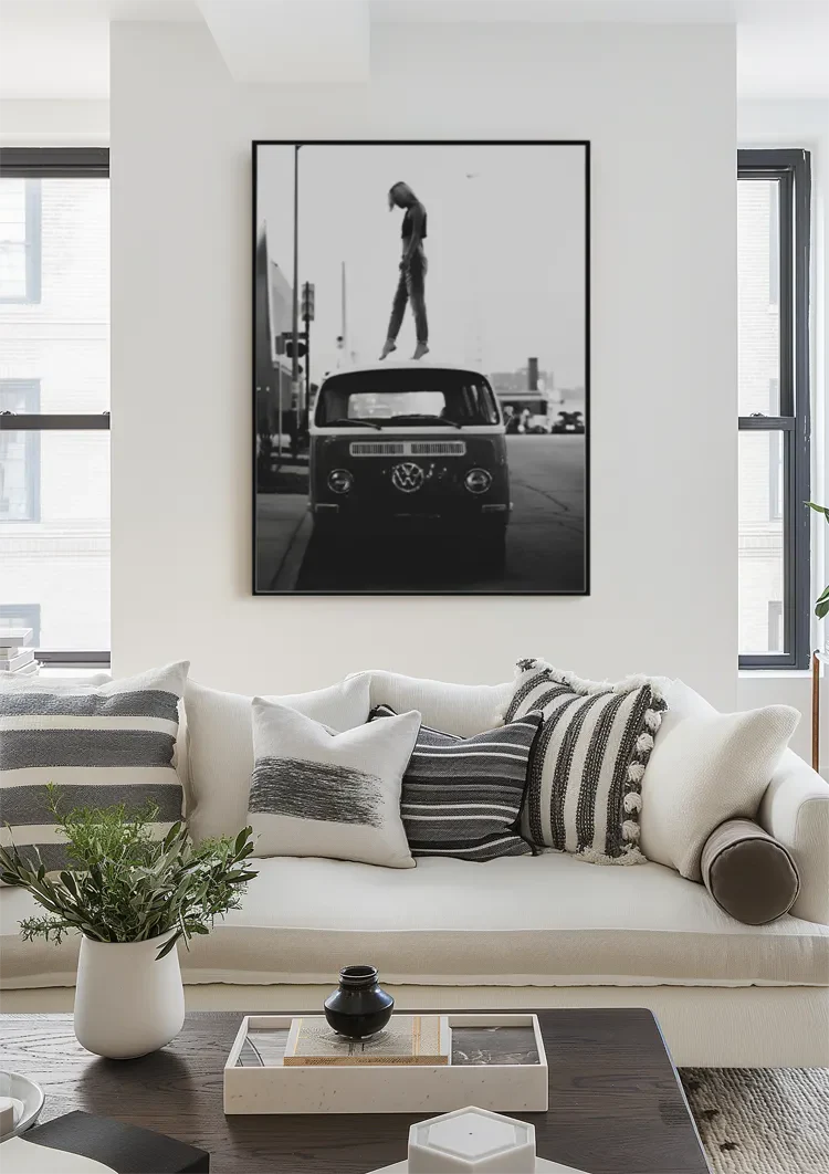 Black White VW Bus Person On Roof City Street Painting