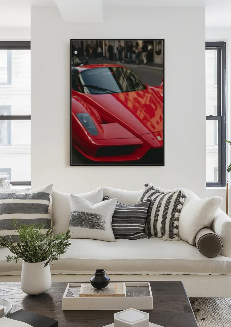 Roter Ferrari Enzo Nahaufnahme Stadtstraße Supersportwagen Gemälde