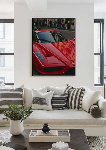 Roter Ferrari Enzo Nahaufnahme Stadtstraße Supersportwagen Gemälde