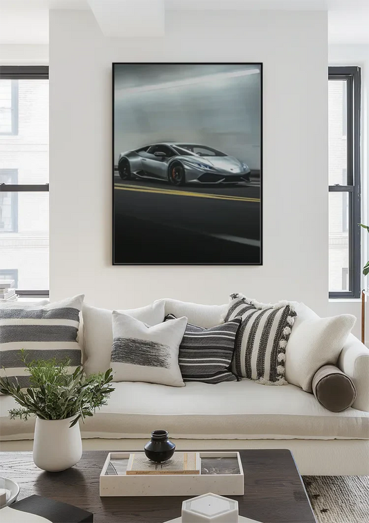 Silver sports car canvas painting on the wall by the front door in the hallway