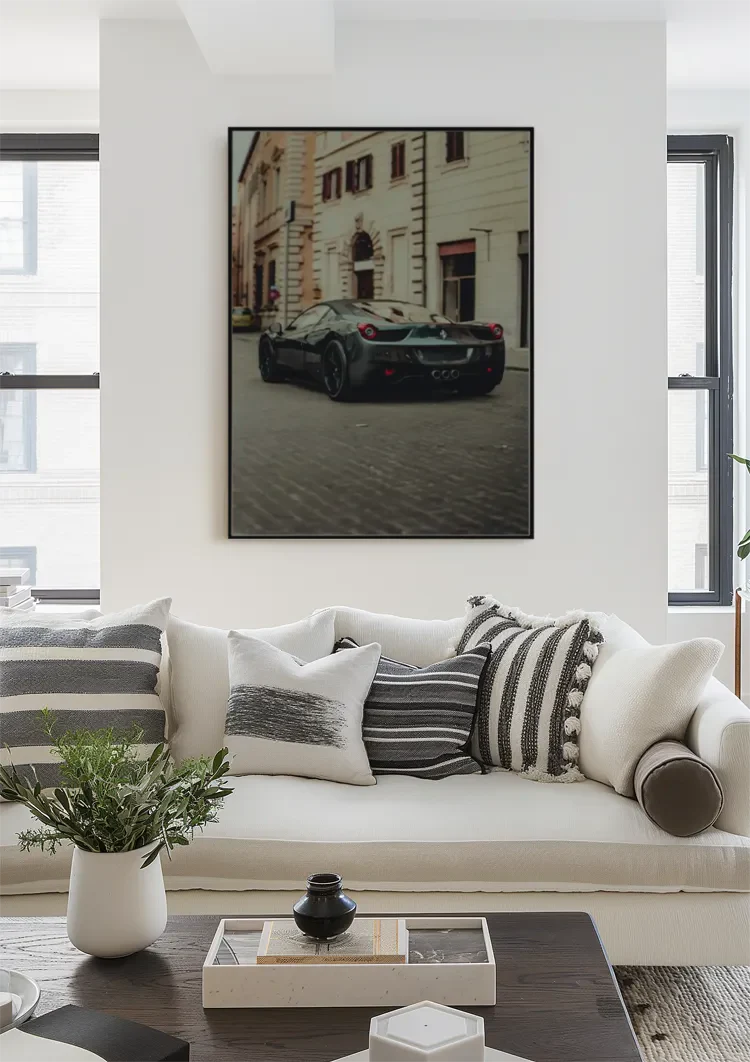 Schwarzer Ferrari 458 Alte Europäische Stadtstraße Kopfsteinpflaster Gemälde