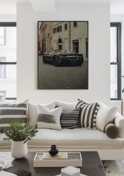 Schwarzer Ferrari 458 Alte Europäische Stadtstraße Kopfsteinpflaster Gemälde
