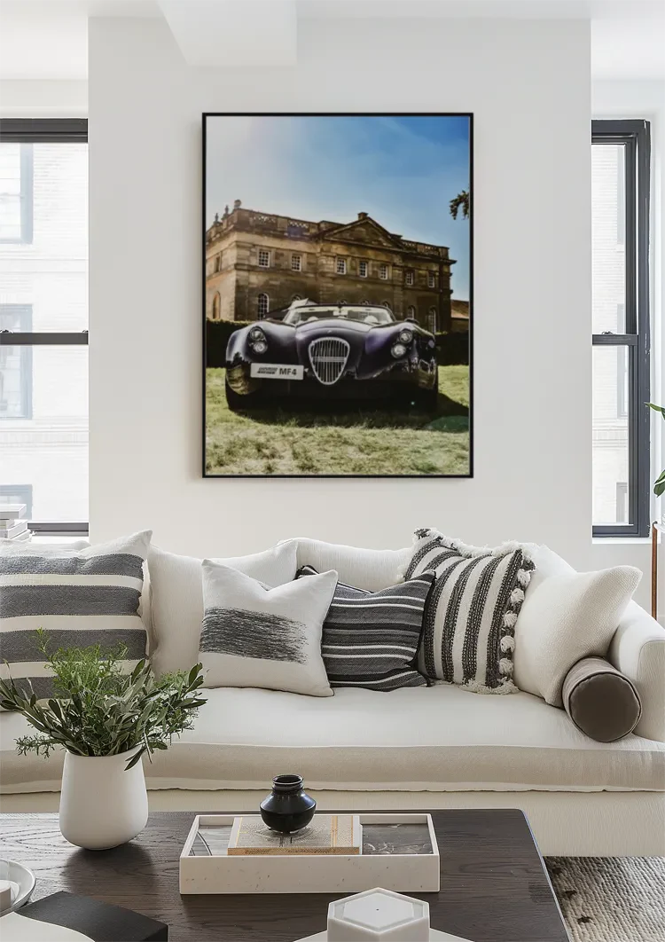 Lila Oldtimer MF4 Sportwagen Landhaus Herrenhaus Blauer Himmel Gemälde