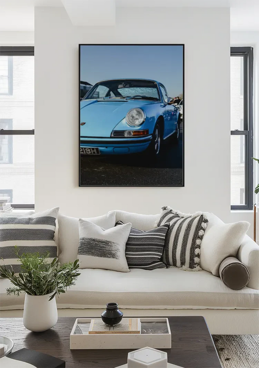 Vintage Hellblauer Porsche 911 Klassisch Sonnenschein Blauer Himmel Gemälde