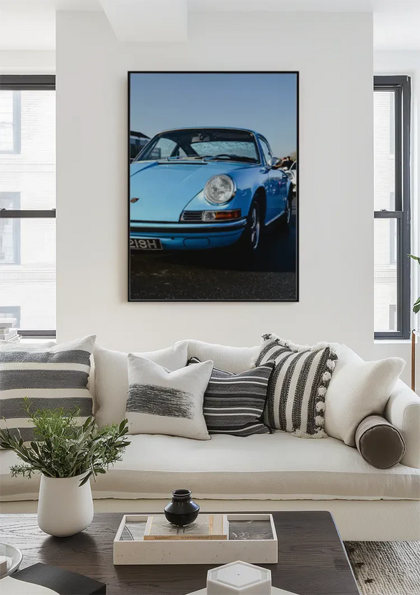 Vintage Hellblauer Porsche 911 Klassisch Sonnenschein Blauer Himmel Gemälde