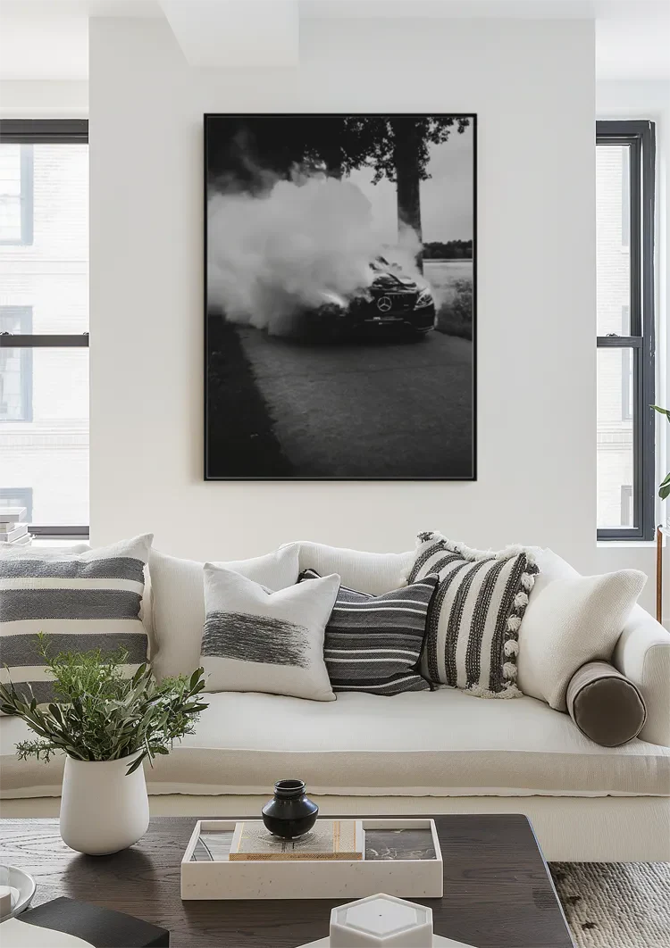 Mercedes AMG Burnout Dikke Rook Zwart Wit Dramatisch Straatfotografie Schilderij