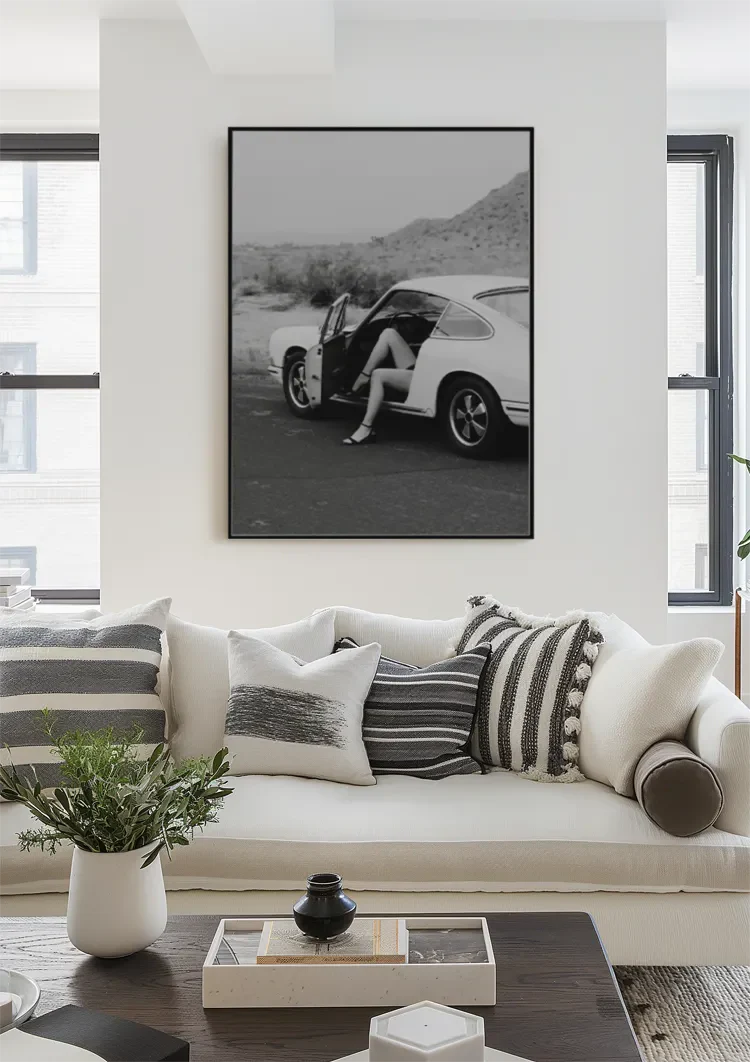 Woman In Vintage Porsche 911 Open Door Desert Landscape Black White Painting